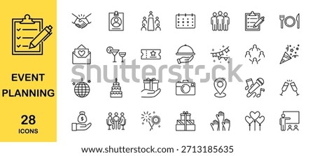Line icon set of event planning - party, wedding and celebration. Vector illustration	