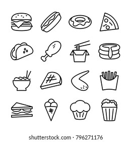Line icon set of fast food. Contain list of popular fast food. Editable stroke. Vector file isolated at white.