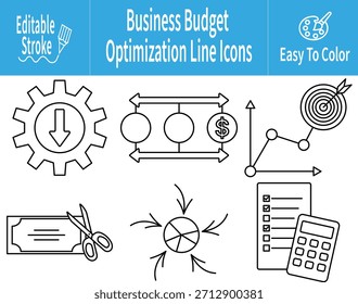 Conjunto de íconos de línea con engranajes de control presupuestario, flechas de flujo financiero, análisis de objetivos, reducción de costos, distribución de pasteles y Elementos de planificación de listas de comprobación. Símbolos de negocio de trazo editables.