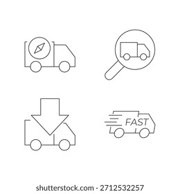 Line icon set featuring search, download, fast delivery, and tracking features.