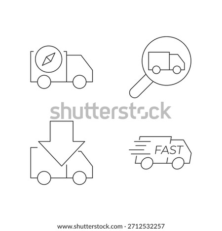 Line icon set featuring search, download, fast delivery, and tracking features.