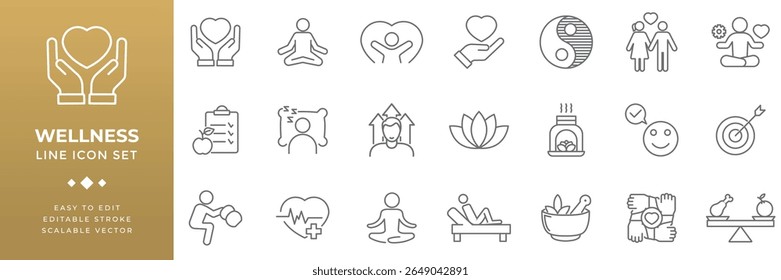 Line icon set featuring symbols of health fitness nutrition mindfulness meditation relaxation and mental well being representing concepts of wellness self care balance and lifestyle