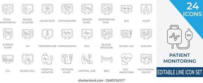 Conjunto de Ícones de Linha com monitores de sinais vitais, ECG, pressão arterial e equipamentos de UTI. Ideal para aplicativos hospitalares e interfaces de controle de saúde.