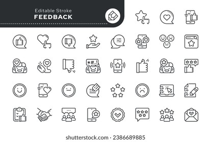 Line icon set.  Feedback. Like, review and comment on Internet content. User opinion and survey. Vector icon pack. Web icons in linear style.