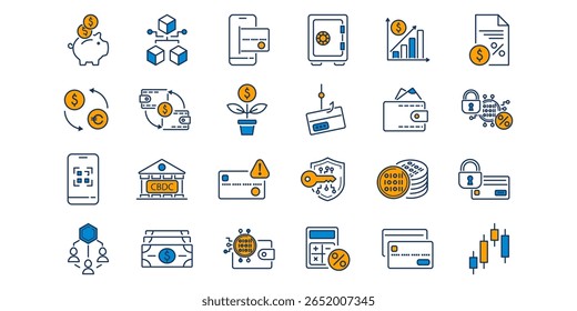 Linha Icon definido para finanças, pagamento digital, soluções de pagamento por cartão móvel com carteiras de criptografia de telefone inteligente ou aplicativos de empilhamento. Vetor editável para transferência de banco, p2p. Ilustração utilizada para fins de moeda eletrônica.
