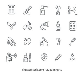 Line icon set of first aid medicine pills front view. Healthcare symbol isolated on transparent background.