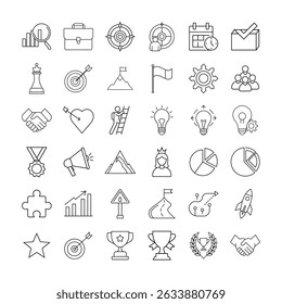 Line icon set focused on success, business goals, leadership, achievement, strategy, and motivation. Includes symbols such as trophies, targets, charts, lightbulbs, and teamwork concepts.
