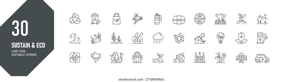 Line icon set focused on sustainability, eco innovation, renewable energy, and environmental responsibility. Ideal for green projects, climate initiatives, and modern UI design.