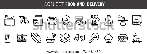 Line icon set of\
food delivery services elements. Modern design icons for web and\
app design and\
development