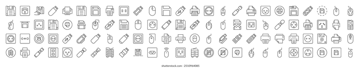 Conjunto de iconos de línea de gadgets. Contiene iconos de la toma de corriente, ratón, tarjeta de memoria, impresora que se puede utilizar para el diseño de tarjetas, publicaciones, App, Sitios web