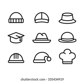 Line icon set of hats: casual, formal and professional. Isolated vector illustration.