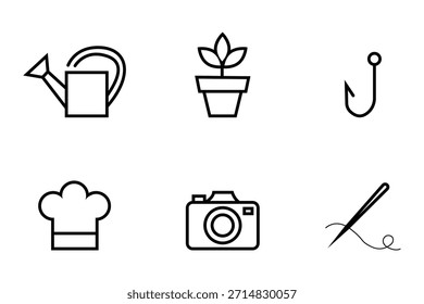 Line Icon Set of Hobbies and Free Time Activities Gardening, Cooking, Photography, Sewing, and Fishing.