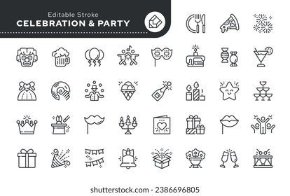 Conjunto de iconos de línea. Festividades y fiestas. Divertida celebración de cumpleaños. Accesorios de vacaciones, comida y bebidas. Paquete de iconos del vector. Iconos Web de estilo lineal.