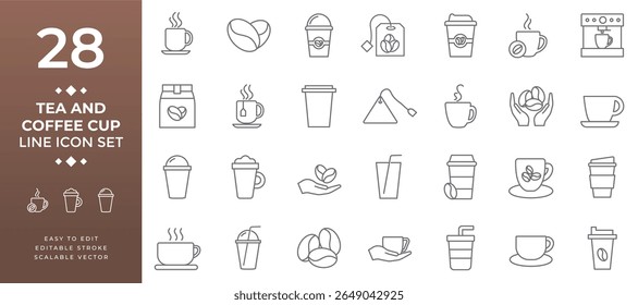 Line icon set for hot and cold tea and coffee beverages showing cup styles tea bags beans brewing equipment and accessories used in drink and cafe establishments