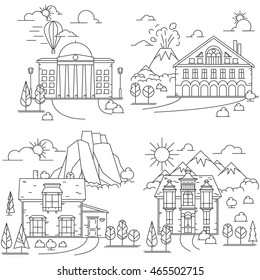 Line icon set of House in nature landscapes with mountains, volcano and Rocks. Vector illustration