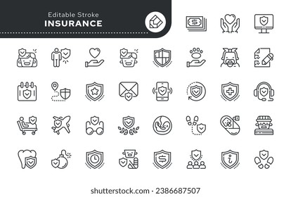 Line icon set. Insurance business. Insurance of property, money, life and health of a person. Vector icon pack.