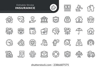 Line icon set. Insurance business. Insurance of property, money, life and health of a person. Vector icon pack.