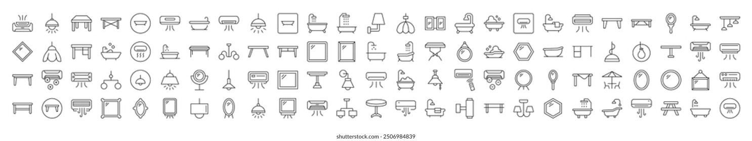 Line Icon Set of Interior. Contains Icons of Conditioner, Mirror, Table, Lamp, Chandelier, Bathroom that Can Be Used for Design of Cards, Posts, Apps, Web Sites