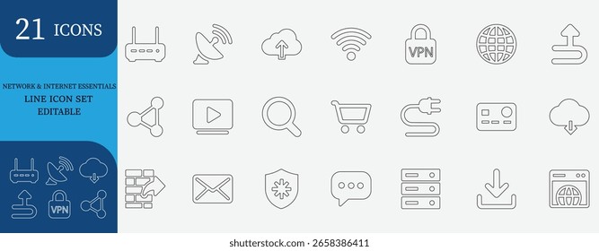 Conjunto de ícones de linha de internet, wifi, VPN, nuvem, servidor, roteador, firewall, conexão, rede digital, pesquisa, download, email, bate-papo e muito mais.