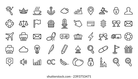 Line Icon Set. Justice, Lifebuoy, Device, Pin, Wine, Email, Lock, Traffic, Analysis, Pen and Many More. Editable Stroke Vector Icons
