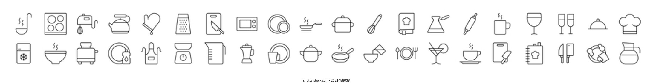 Line Icon Set of Kitchen and Cooking. Contains Icons of Cutting Board, Frying Pan, Cutlery, Cookbook that Can Be Used for Design of Cards, Posts, Apps, Web Sites