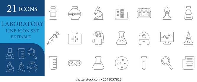 Ícone de linha de ferramentas de laboratório e elementos de pesquisa. Inclui tubos de teste, microscópio, frasco e muito mais para projetos de ciência, biologia e química.