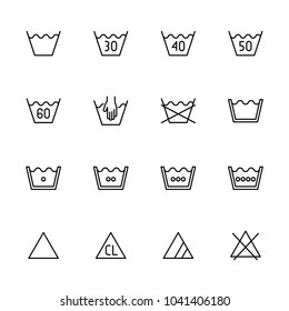 Line icon set of laundry label symbol, care symbol or treatment instruction for washing and bleaching. Editable stroke vector, isolated at white background