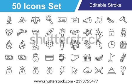 Line Icon Set. Marketing, Microphone, Cloud, Law, Justice, Scales, Money, Fire, Video, Rocket and Many More. Editable Stroke Vector Icons