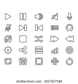 Line icon set for media player software or application. Contain 25 symbol related for user interface button. Editable stroke vector. Isolated at white background