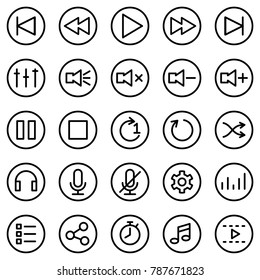 Line icon set for media player software or application. Contain 25 symbol related for user interface button. Editable stroke vector. Isolated at white background