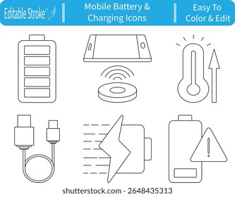 Ícone de linha conjunto de conceitos de bateria móvel e carregamento, incluindo cabo USB, bateria completa, carga wireless, aviso de bateria fraca e carregamento rápido. Traçado editável.