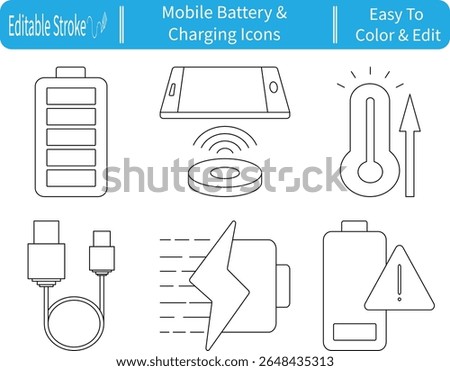 Line icon set of mobile battery and charging concepts, including USB cable, full battery, wireless charge, low battery warning, and fast charging. Editable stroke.