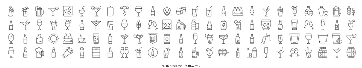 Line Icon Set. Modern Collection for Design, Web Sites, Apps, Cards. Contains Linear Images of Beer, Coffee, Cocktail