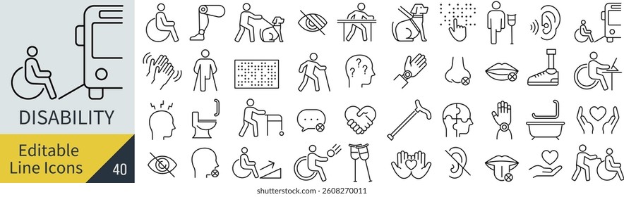 Line icon set of monochrome disability-related symbols in vector