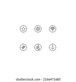 Line icon set with monochrome signs suitable for adverts, shops, stores, apps. Star, gear, diamond, theatrical mask, drops, anchor inside target 