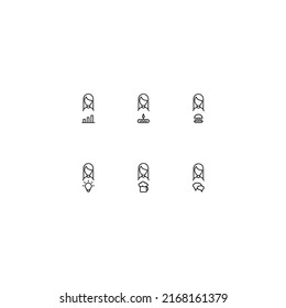 Line icon set with monochrome signs suitable for adverts, shops, stores, apps. Progress bar, cake with candle, burger, light bulb, beer cup, speech bubble by faceless young woman 