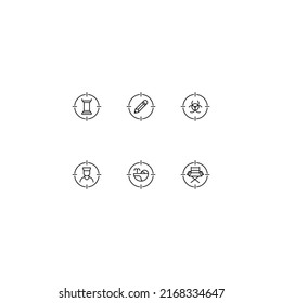 Line icon set with monochrome signs suitable for adverts, shops, stores, apps. Column, pencil, hazard sign, chef, whale, director chair inside of target 