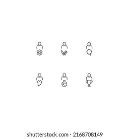 Line icon set with monochrome signs suitable for adverts, shops, stores, apps. Gear, crossed fork and knife, speech bubble, heart, lab bulb, winner cup next to faceless man