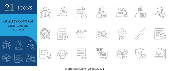 Ein Liniensymbol für Qualitätskontrolle, ISO-Zertifizierung, Konformität, Prüfung, Inspektion, Laboranalyse, Verifizierung, Bestehen und Fehlschlagen sowie Vertrauensstellungssymbole.