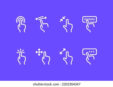 Line Icon Set. Online Booking, Click,  Double Click, Input, Pin Password, Move, Press, Hold, Swipe, Zoom in, Zoom out, Hand, Touch. White icons with Purple Background