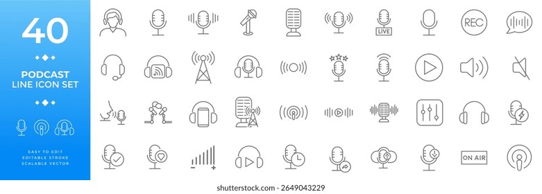 Line icon set for podcasts and audio broadcasting including microphones headphones sound waves recording devices play buttons speakers and sound equipment for digital media content