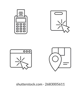 Line icon set of POS terminal, browser, and map location.
