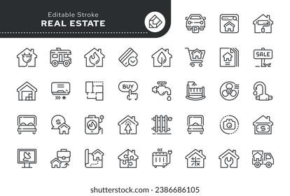 Line icon set. Real estate. Buying, selling and renting a house. Mortgages and housing loans. Vector icon pack.