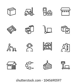 Line icon set related to activity at the wholesale. Contain such as worker, wholesale, stock moving goods and other