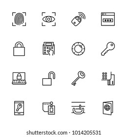 Line icon set related to authorization, password, key, lock and access symbol. Editable stroke vector, isolated at white background