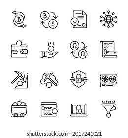 Line icon set related to bit coin mining activity. Editable stroke vector, isolated at white background