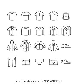 Line icon set related to casual men clothes.Usable for e-commerce online store website. Editable stroke vector, isolated at white background