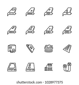 Line icon set related to computer hardware built in and expansion or external. Editable stroke vector, isolated at white background.