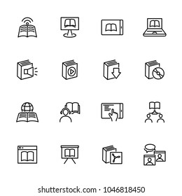 Line icon set related to digital learning, e-learning or remote study. Editable stroke vector, isolated at white background