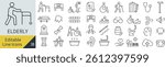 Line icon set related to elderly people in monochrome vector